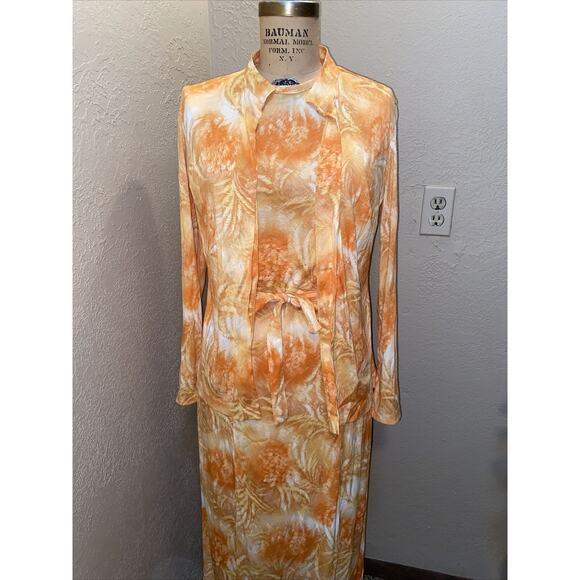 VINTAGE LADY BLAIR 70s Hostess Dress Set with Belt Maxi Sheath Pencil sz Medium - Picture 1 of 8